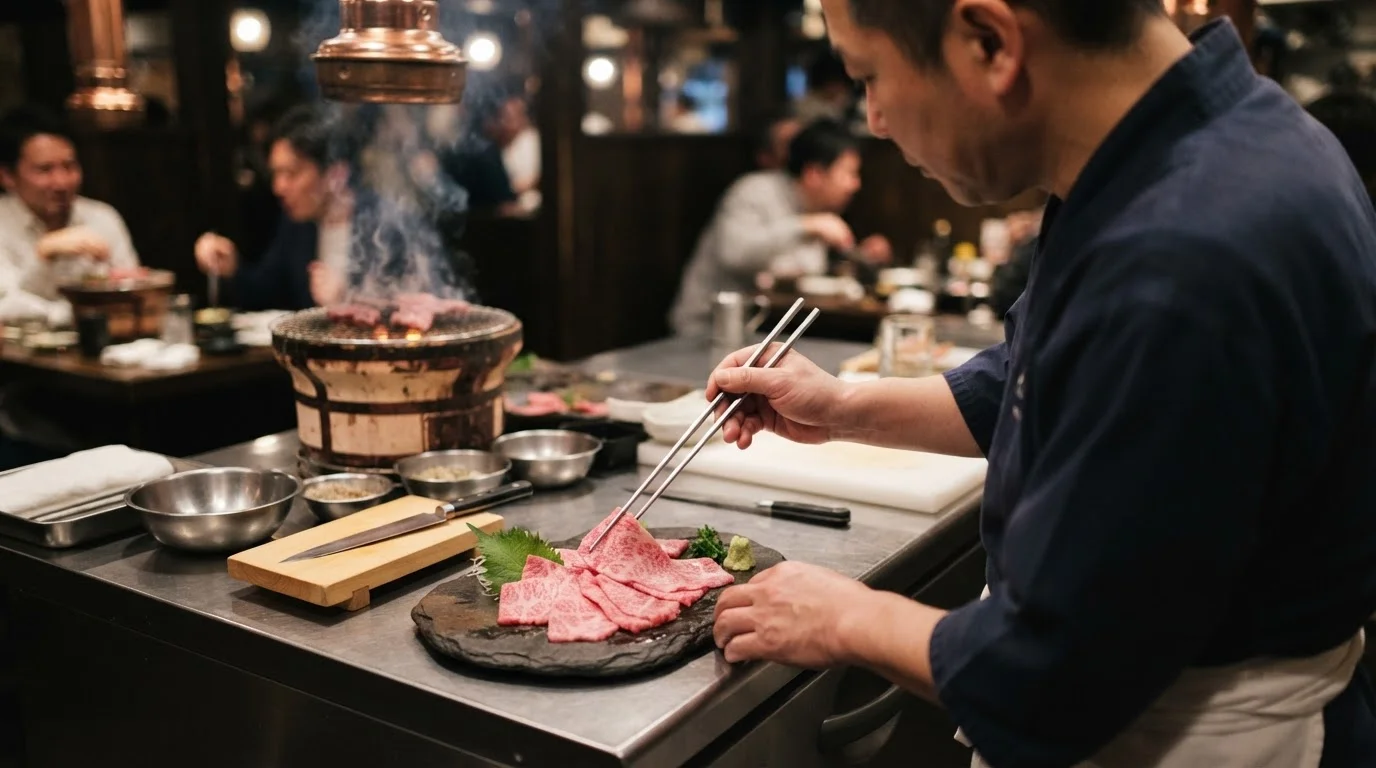 黒い器に丁寧に盛り付けた和牛の数種類の部位