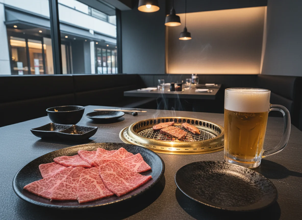 焼き網のそばに置かれた泡立つ生ビールのグラスと焼肉の皿