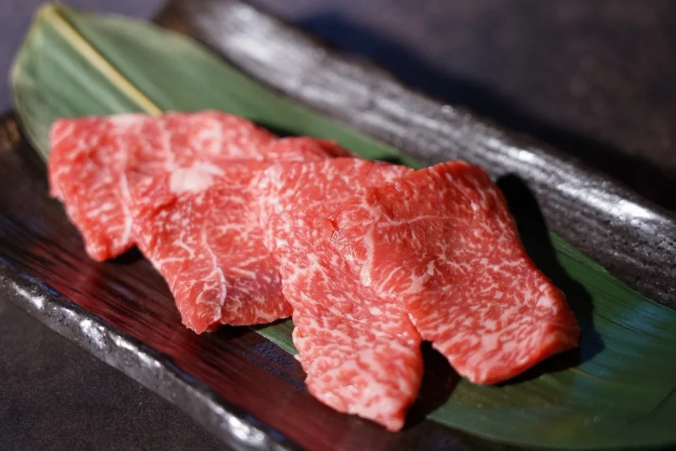 霜降りの入った和牛の生肉を皿に盛り付けた接写